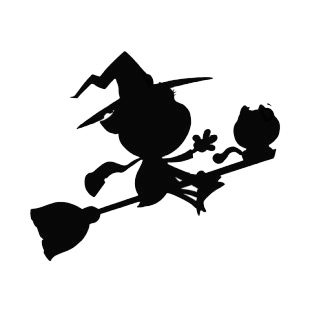 Little witch flying on broom with cat silhouette listed in characters decals.