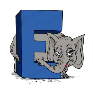 Alphabet blue letter E elephant standing next to letter listed in letters and numbers decals.