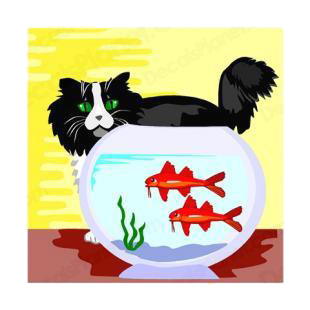 Cat looking at bucket with red fishes listed in cats decals.