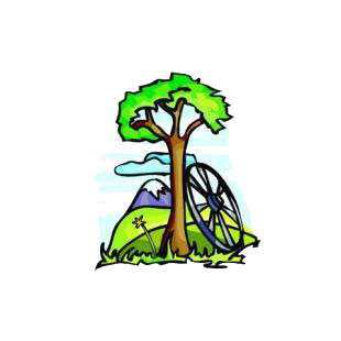 Wagon wheel propping on tree listed in agriculture decals.