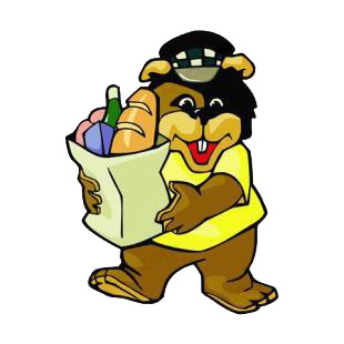 Bear with groceries listed in cartoon decals.