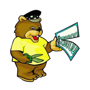 Bear cutting money bill listed in cartoon decals.