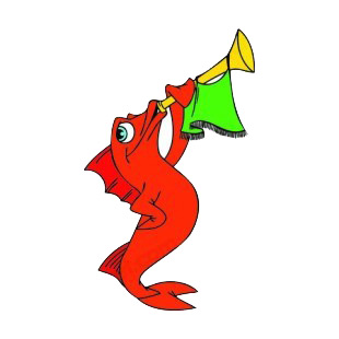 Red fish playing trumpet listed in fish decals.