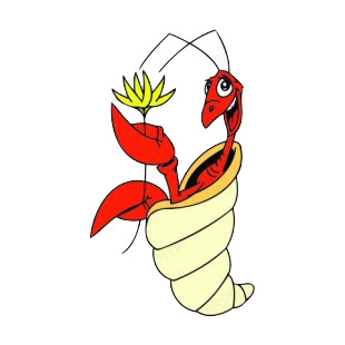 Crustacean in his shell holding a flower listed in fish decals.