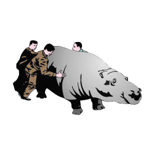 3 mens trying to move hippopotamus listed in fish decals.