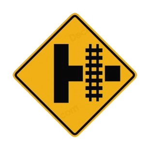 Railroad near 3 way road intersection warning sign listed in road signs decals.