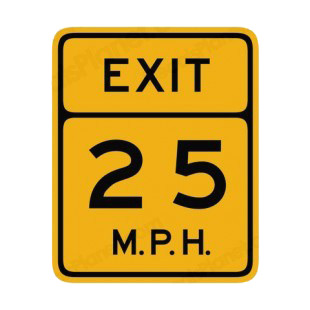 Exit 25 MPH speed limit warning sign listed in road signs decals.