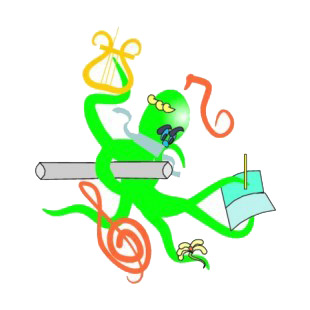 Green octopuss composing music listed in fish decals.