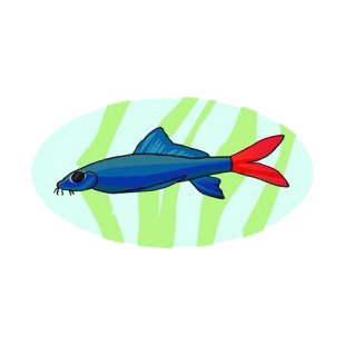 Blue with red tail fish underwater listed in fish decals.