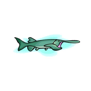 Blue paddlefish with mouth open listed in fish decals.