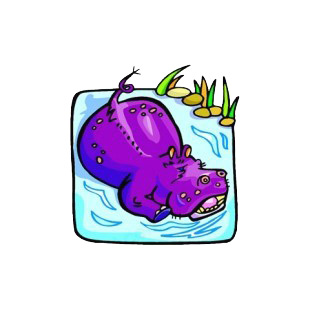 Purple hippopotamus walking through water listed in fish decals.