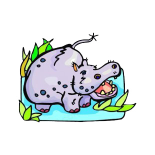 Hippopotamus with mouth open listed in fish decals.