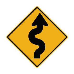 Right winding road warning sign listed in road signs decals.