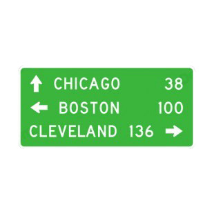 Directions and distance Chicago  Boston  Cleveland sign listed in road signs decals.