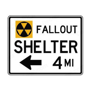 Nuclear fallout shelter at 4 miles direction sign listed in road signs decals.