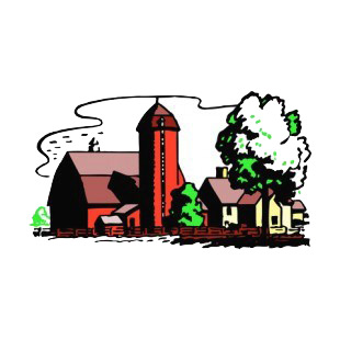 Red barn with red silo and house listed in agriculture decals.