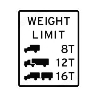 Weight limit chart sign listed in road signs decals.