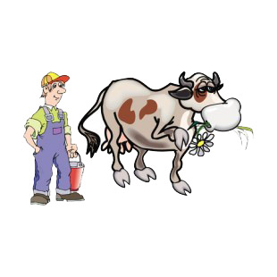 Farmer going to milk cow listed in agriculture decals.