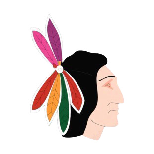 Native American men face with multicolored feathers listed in symbols and history decals.