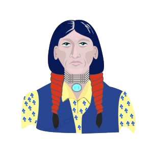 Native American with blue and yellow suit listed in symbols and history decals.