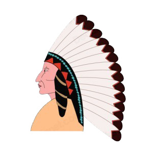 Native American chief with long feathers hat listed in symbols and history decals.