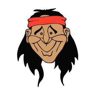 Native American with red hand band smiling listed in symbols and history decals.