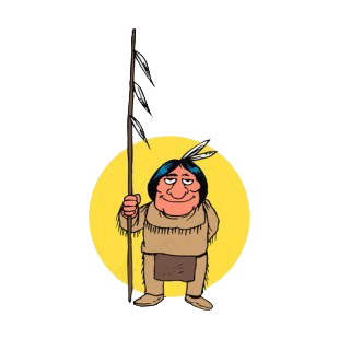 Small Native American holding stick with feathers listed in symbols and history decals.