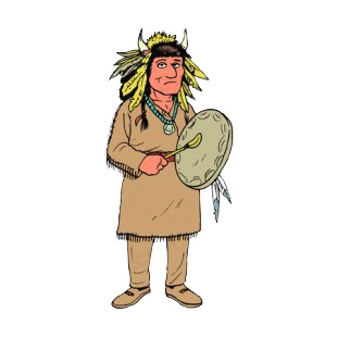 Native American playing tambourine listed in symbols and history decals.