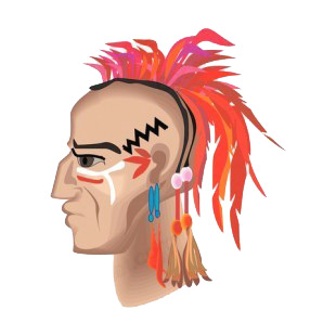 Native American with red feathers on his head listed in symbols and history decals.