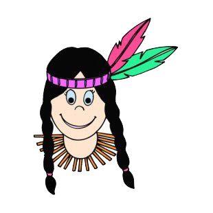 Native American girl with green and pink feathers listed in symbols and history decals.
