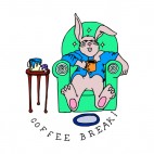 Bunny laying on couch with Coffee Break writing, decals stickers