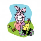 Bunny looking at easter egg hatching with chick, decals stickers