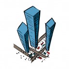 Sky view of office building with traffic & pedestrians , decals stickers