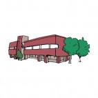 Brown office building with trees, decals stickers