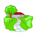 House with big green tree and paved road, decals stickers