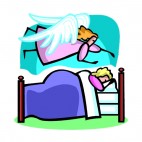 Guardian angel looking over girl sleeping in his bed, decals stickers