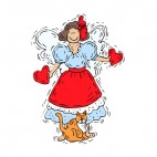 Angel with blue and red dress holding hearts with cat, decals stickers