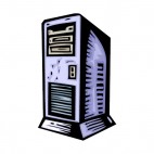 Blue computer tower with front air vent drawing, decals stickers