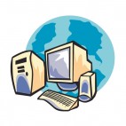 Desktop computer with globe internet communication, decals stickers
