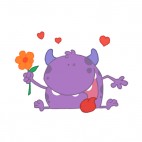 Purple monster with orange flower and hearts, decals stickers