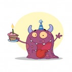 Purple monster celebrating birthday with cake, decals stickers