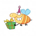 Bee with purple party hat carrying gift, decals stickers