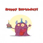 Purple monster celebrating birthday with cake , decals stickers