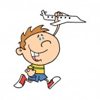 Boy holding airplane toy in his hand running, decals stickers