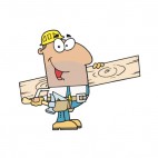 Smiling construction man holding plank of wood, decals stickers