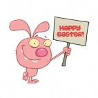 Pink easter rabbit holding happy easter sign, decals stickers