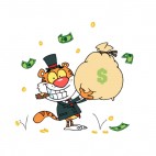 Tiger in suit with cigar in mouth holding bag of money, decals stickers
