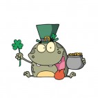 Frog with irish hat holding clover leaf and pot of gold, decals stickers