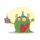 Green monster celebrating birthday with cake , decals stickers