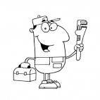 Smiling repairman holding wrench and toolbox , decals stickers